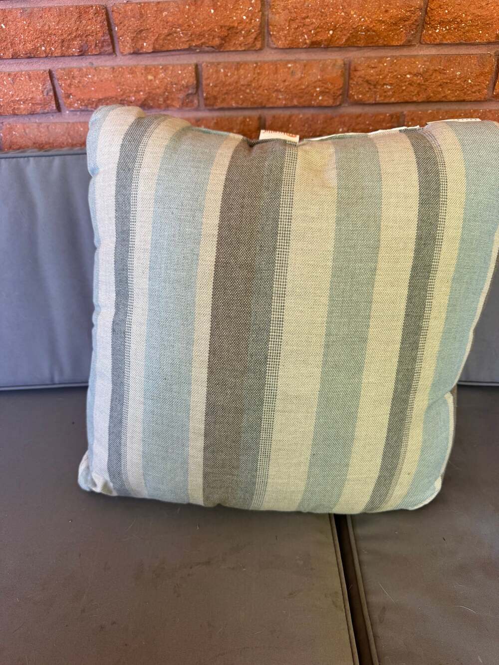 Pottery Barn Sunbrella striped outdoor pillow grey and blue 20 x 20 inches